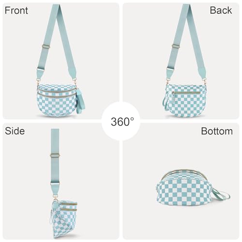 Checkered Crossbody Bags for Women, Large Nylon Bum Bags - color: Light Blue Checkered