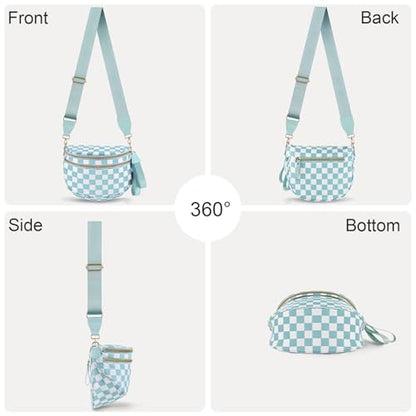 Checkered Crossbody Bags for Women, Large Nylon Bum Bags - color: Light Blue Checkered