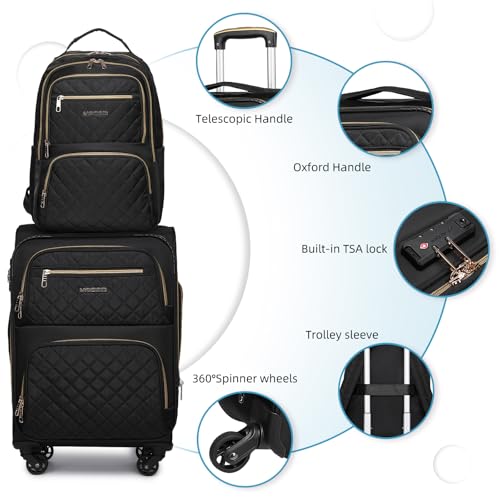 LARVENDER 4 Piece Luggage Set with Spinner Wheels - Expandable Softside Carry On Suitcase 22x14x9 Airline Approved, 16” 20" Carry On Luggage,TSA Lock, Black - color: Black(16/20/BP/TB), size: 4 Piece Set (16/20/BP/TB)