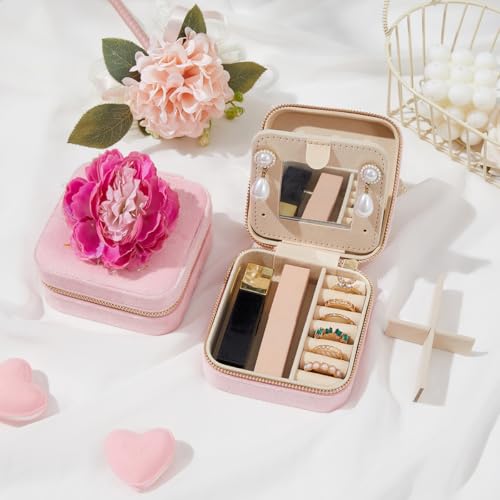 Smileshe Personalized Gifts for Mom Mothers Day, Birthday, Graduation Gift for Girls Fashion, Travel for Teen Girls Trendy Stuff, Velvet Jewelry Box with Flower, Letter J, Pink - color: PlushVelvet Pink-J