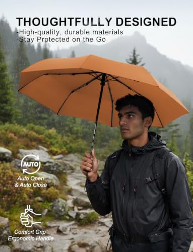 Windproof Travel Umbrella, Automatic Compact Folding Umbrella, Small Travel Size Umbrella for Rain, Backpack & Everyday Carry - color: Brown