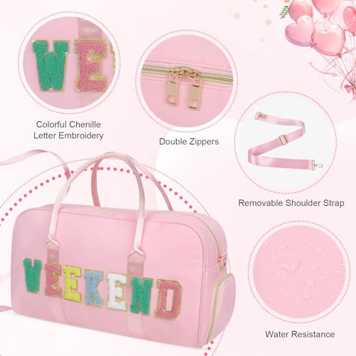 2 Pcs Weekend Duffel Bag with Shoes Compartment Cosmatic Bag for Travel Vacation Overnight Carry on - color: Pink/Weekend