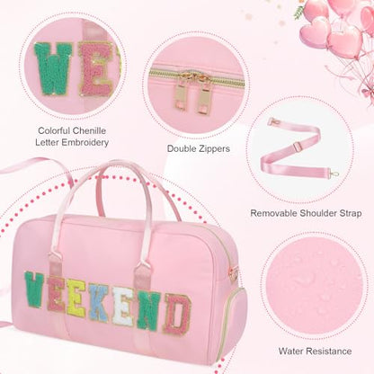 2 Pcs Weekend Duffel Bag with Shoes Compartment Cosmatic Bag for Travel Vacation Overnight Carry on - color: Pink/Weekend