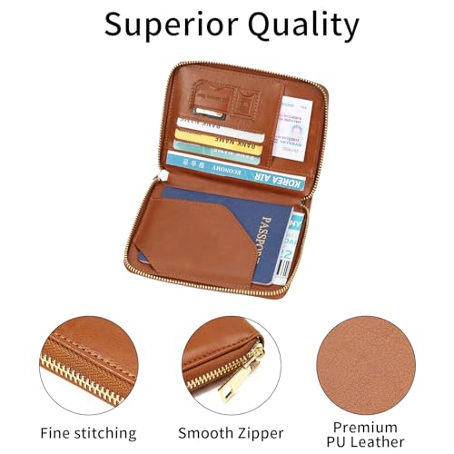 Travel Passport Wallet RFID Blocking Passport Holder-Women and Men with Zippered Ladies Passport Cover - color: H-Light Brown
