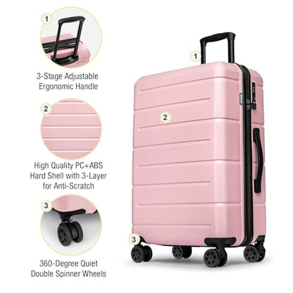 KYME 28 Inch Luggage with Wheels Hardshell Large Suitcase Lightweight Big Checked Luggage with TSA Lock Travel Rolling Suitcase for Women Men Pink - color: Light Pink, size: Checked-Large 28-Inch