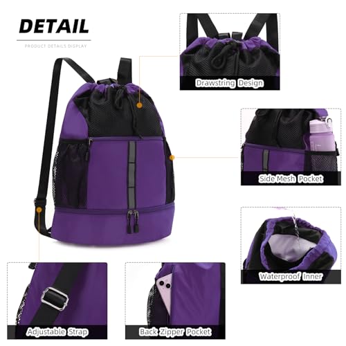 Valleycomfy Drawstring Gym Bag Sports Backpack With Shoe Compartment Purple - color: Purple08