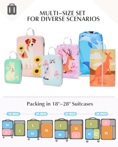 Gonex 6-Piece Compression Packing Cubes with Shoe & Laundry Bags - color: 6-Animals, size: 6 Set