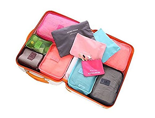 Mossio 7 Set Packing Cubes with Shoe Bag - Compression Travel Luggage Organizer - color: Wine Red