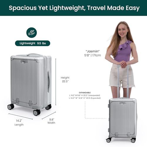 Nobl Travel Carry on Expandable Luggage, Aluminum Frame Hard Shell Suitcase | Airline Approved 22.5"x14.2"x9.8", 360° Spinner Wheels, TSA Locks, USB Charging, Cup & Phone Holder, PC Shell, Silver - color: Silver