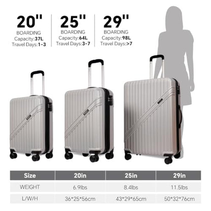 GinzaTravel 3-Pieces ABS Hardshell Luggage Set 20"25"29" Suitcase Silver - color: Silver