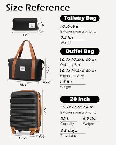 LONG VACATION Luggage Sets with Spinner Wheels, Carry on Suitcase 3 Piece - color: BLACK-BROWN, size: 3 piece set(DB)