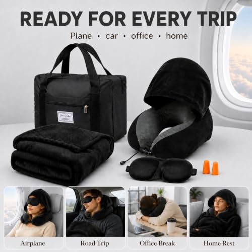 Travel Blanket and Pillow Set - Hooded Neck Pillow Airplane Essential Black - color: Black