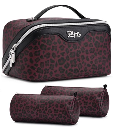 BOYATU Travel Makeup Bag Organizer: 3 Pcs Leopard Cometic Bag Set for Women - color: A-Leopard-Red