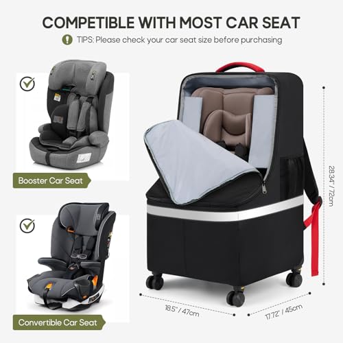 RAINSMORE Padded Car Seat Travel Bag for Airplane with Spinner Wheels - color: Black