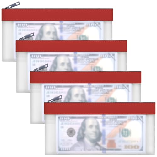 Clear Money Envelopes for Cash Cash Money Bag Pouch 7.6"x3.7" - color: Red