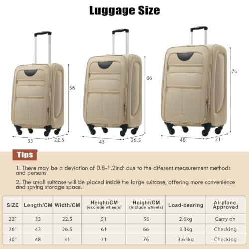 Softside Expandable Luggage Set 3 Piece, Lightweight 22/26/30 Inch Upright Spinner Suitcase with TSA Lock, 610D Polyester Travel Set (khaki) - color: khaki