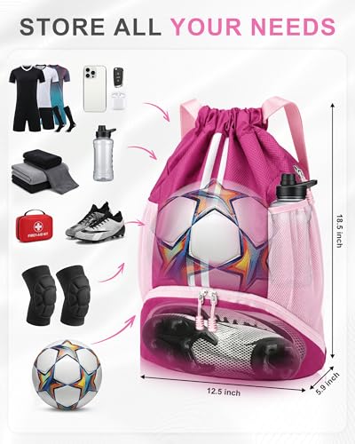 JELUTAR Soccer Bag, Drawstring Soccer Backpack with Shoe Compartment - color: Rose Pink, size: Large