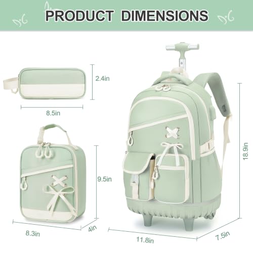 DIGOBAY Rolling Backpack for Girls with Lunch Bag & Pencil Case - color: Green