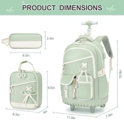 DIGOBAY Rolling Backpack for Girls with Lunch Bag & Pencil Case - color: Green