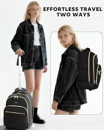 Arcoyard Rolling Backpack for Women, 15.6 Inch Travel Backpack with Wheels - color: Black Gold, size: 15.6-inch
