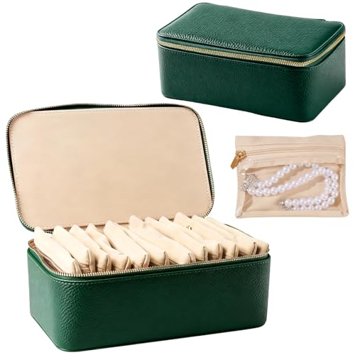 shunmei Travel Jewelry Box with 12 Velvet Jewelry Zipper Pockets, Green - color: Green - 12 Pouch