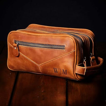 HomeWetBar Personalized Leather Toiletry Bag for Men, With with Waterproof Compartments, Custom Shaving, Travel Dopp Kit, Grandpa, Dad, Husband, Father, Him, Boyfriend