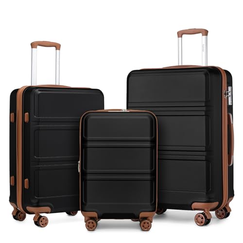Kono 3 Piece Luggage Sets Expandable with Spinner Wheels TSA Lock - color: Apricot Black, size: 3-piece Set (20/24/28)