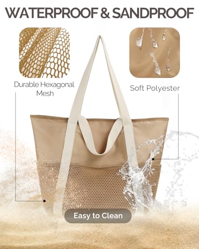 HOMESPON Beach Bag Large Waterproof Sandproof Tote for Women with Zipper and Mesh Pockets - color: Khaki, size: Medium
