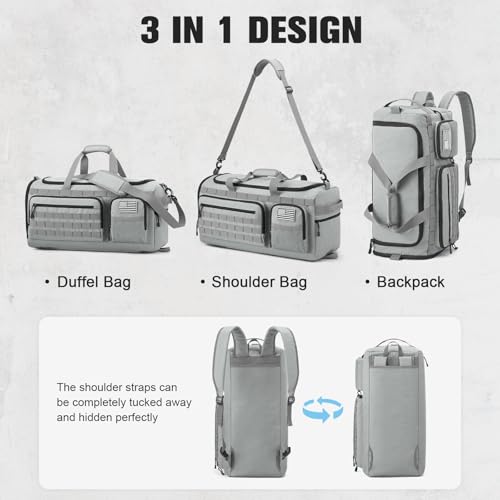 G4Free 3-in-1 Duffle Bag Travel Gym Sports, Large Tactical Duffel Backpack - color: Grey