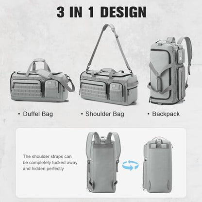 G4Free 3-in-1 Duffle Bag Travel Gym Sports, Large Tactical Duffel Backpack - color: Grey