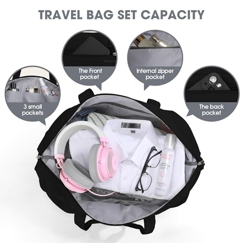 Women's Weekender bag Travel Duffel Bag with Shoe Compartment 21-inch Airline-Approved Carry-On, 2-Piece Overnight Bag Set Personal Item Luggage - color: 1-Black