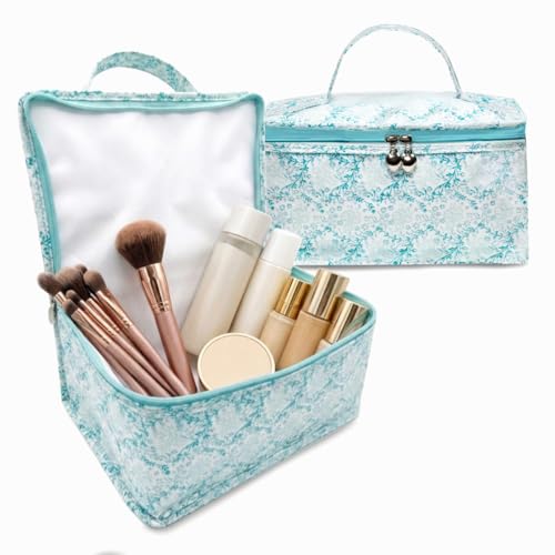 Vanity Bag/Train Case - Water-Resistant, PVC-Lined, Easy to Clean, Compact & Travel Ready Makeup Organizer - Aqua Trellis Print - color: Aqua Trellis, size: Large Vanity/Train Case