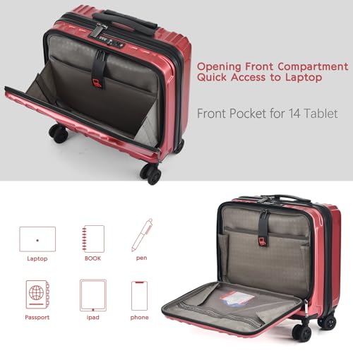 TydeCkare 16" Carry on Luggage with 2 Laptop Compartments, Lightweight Hardshell ABS+PC Suitcase with Dual Control TSA Lock, with YKK Zipper, 4 Spinner Silent Wheels, for Business Travel, Wine Red | Lightweight Hardshell ABS+PC Suitcase with Dual Control