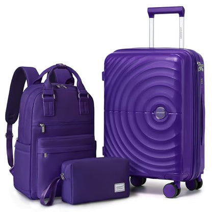 LARVENDER Expandable Carry On 3 Piece Luggage Set with Backpack 20 Inch - color: Grape Purple, style: 3 Piece Sets