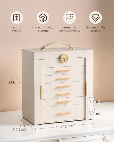 Lolalet Large Jewelry Box, 7-Layer Jewelry Organizer with 6 Drawers -Beige - color: Beige, size: 7-Layer (11.4" W × 6.9" D × 13" H)