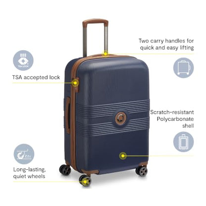 DELSEY PARIS Flanerie SE - Hardside Checked In Luggage 24 Inch - 360° Dual Spinner Wheels - TSA Lock - Lightweight Polycarbonate Travel Suitcase with Vegan Leather, Blue - color: navy, style: 24" Spinner