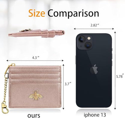 SEAVILIA Card Holder Keychain Wallet for Women with ID Window RFID Coin Purse Bee Gifts Slim Minimalist Small Wallet - color: Rose Gold