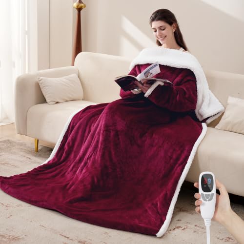 Wearable Heated Blanket with Foot Pocket, Flannel & Sherpa, 50x70+18, Red - color: Red, size: 50x70"