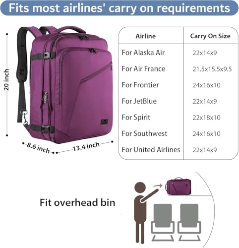 MATEIN Large Purple Travel Backpack, Expandable Airplane Backpack for Women - color: Purple, size: XX-Large