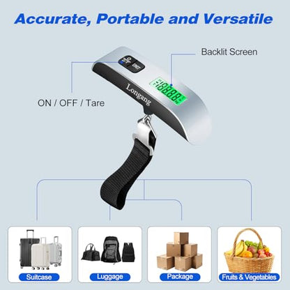 Digital Hanging Luggage Scale with Backlit for Travel, Portable Handheld Suitcase Weight Scale with Hook, 110 Pounds, Battery Included - color: Silver
