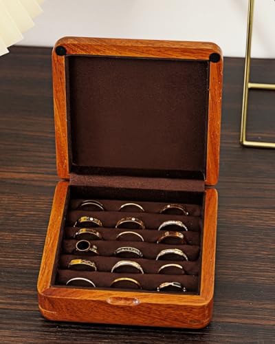 Solid Teak Wood Ring Box, Earring Holder Organizer - color: Brown Velvet, size: Small (5"L*5"W*2"H)