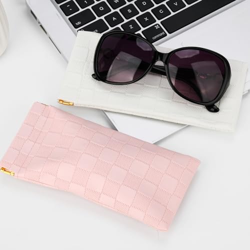 Sightor Sunglasses Case 2 Pcs Soft Eyeglass Cases Checkered Glasses Pouch - color: White, Pink