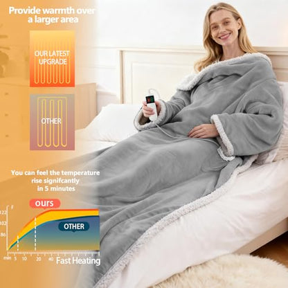 Wearable Heated Blanket With Sleeves & Foot Pocket, Heated Throw Blankets Fast Heating Blanket With 10 Heat Settings Auto Shut Off Over-Heat Protection-Warm Gift, Machine Washable, 52”*72”+18” - color: Pale Gray