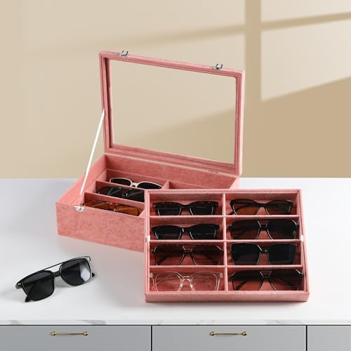 Frebeauty 16-Slot Sunglass Organizer Box,2 Layer Velvet Sunglasses Holder - color: Pink
