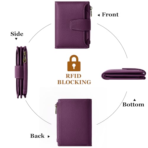 Airkit Small Wallet Women RFID Blocking Soft Leather Bifold Compact Card Holder Wallet for Women with Zipper Coin Pocket 4 ID Window - color: Deep Purple