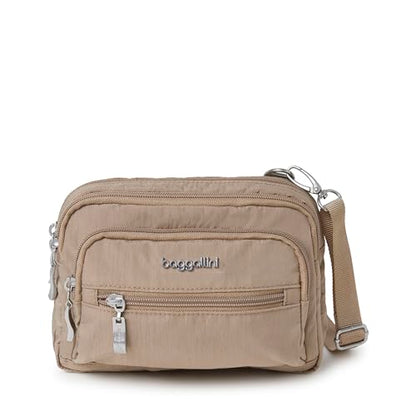 Baggallini Triple Zip Small Crossbody Bag for Women - Lightweight Convertible Fanny Pack Belt Bag - color: Beach, style: Slim Strap