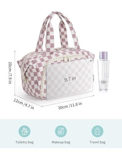 Narwey Travel Toiletry Bag for Women, Large Makeup Cosmetic Organizer Bag - color: Dusty Pink Checkerboard