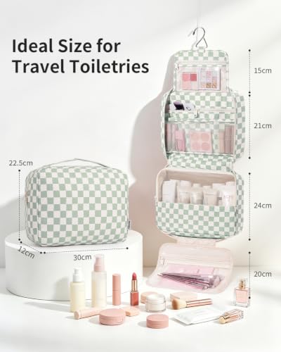 Narwey Hanging Travel Toiletry Bag for Women, Large Makeup Cosmetic Bag - color: A-Mint Green Checkerboard