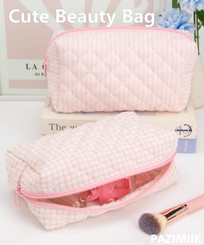 PAZIMIIK Small Quilted Makeup Bag,Zipper Cosmetic Pouch,Gingham Pink - color: Gingham Pink