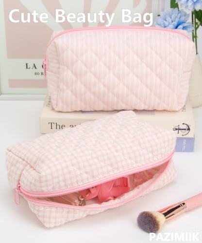 PAZIMIIK Small Quilted Makeup Bag,Zipper Cosmetic Pouch,Gingham Pink - color: Gingham Pink